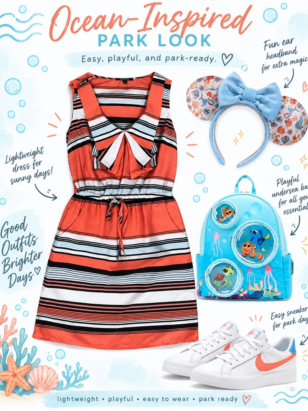 BeBop Coral, Black & White Striped Bow-Front Casual Dress